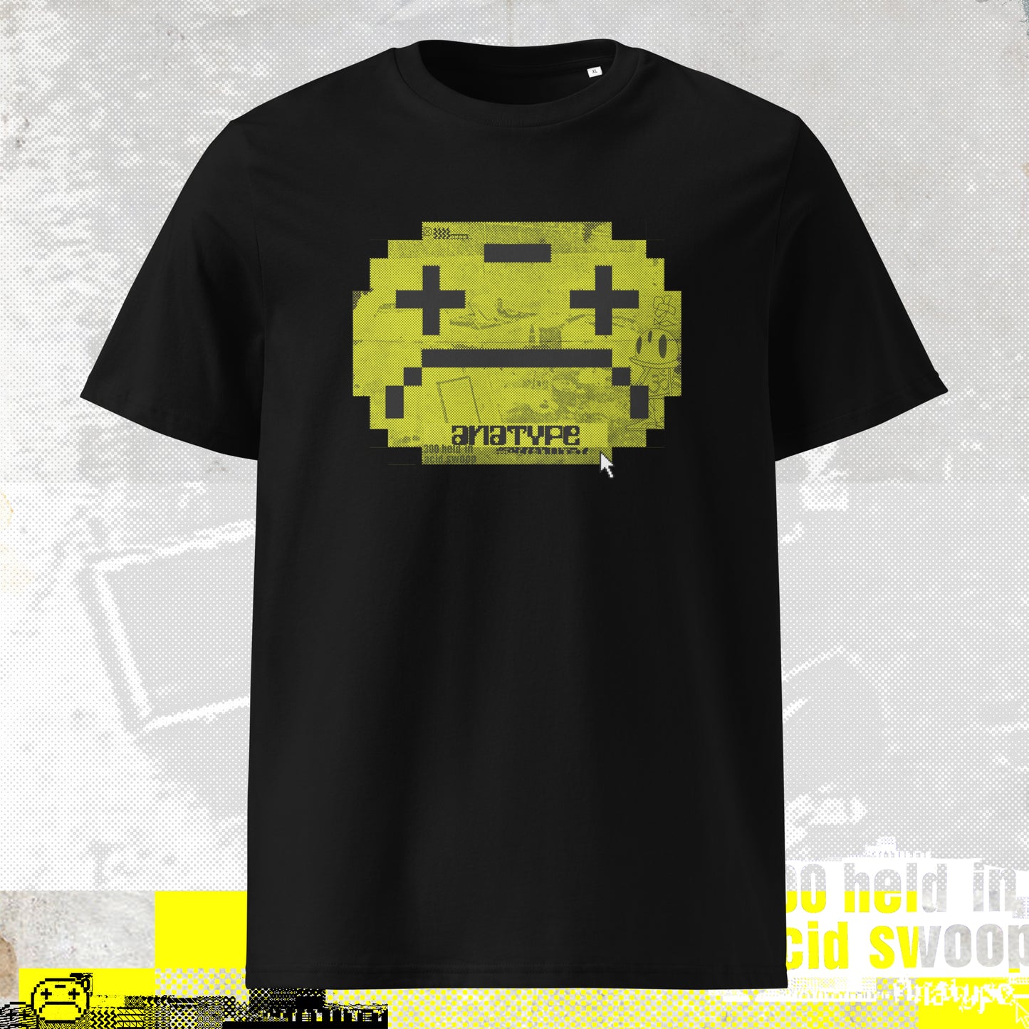 ACID HOUSE SMILEY, WARE HOUSE PARTY, ILLEGAL/ YELLOW ON BLACK TSHIRT