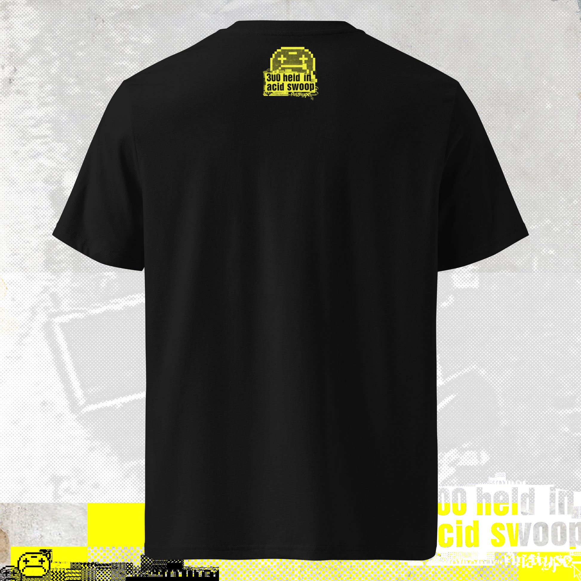 ACID HOUSE SMILEY, WARE HOUSE PARTY, ILLEGAL/ YELLOW ON BLACK TSHIRT