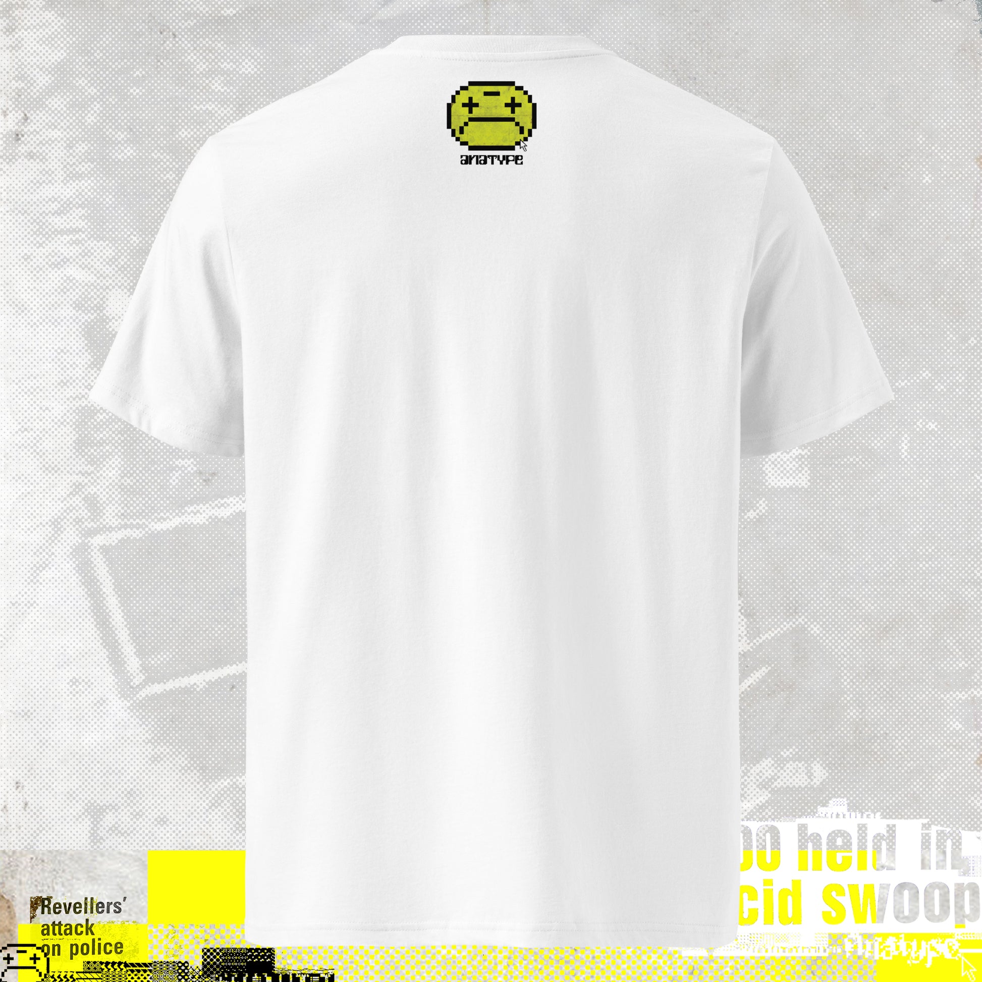 ACID HOUSE PARTY T SHIRT, SMILEY, 330 HELD IN ACID SWOOP TEXT, SMILEY HEAD CHARACHTER. ILLEGAL WAREHOUSE. ARRESTS